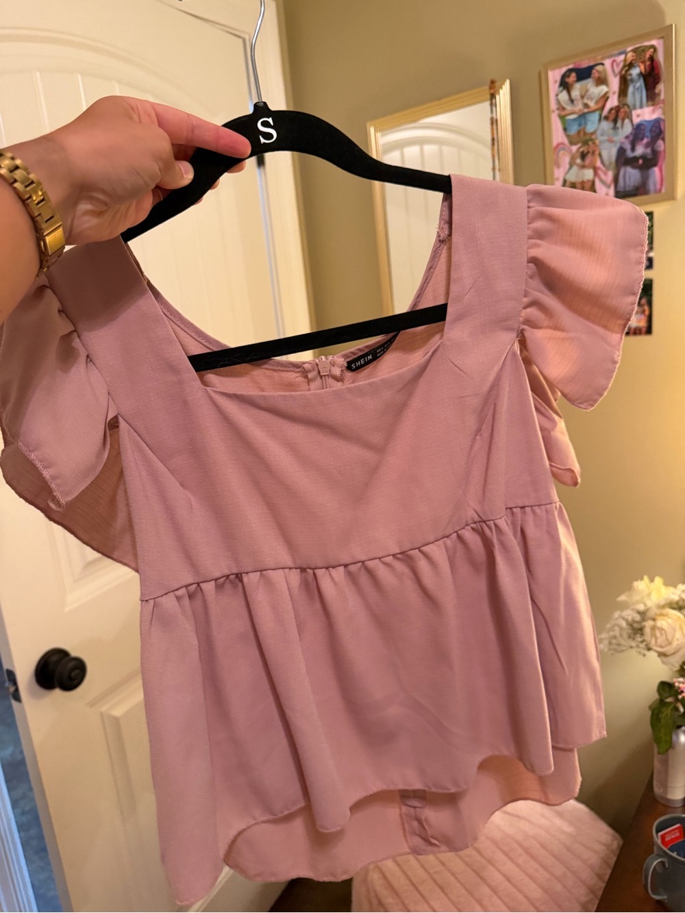 Women’s Square Neck Flutter Sleeve Top - Blush Pink